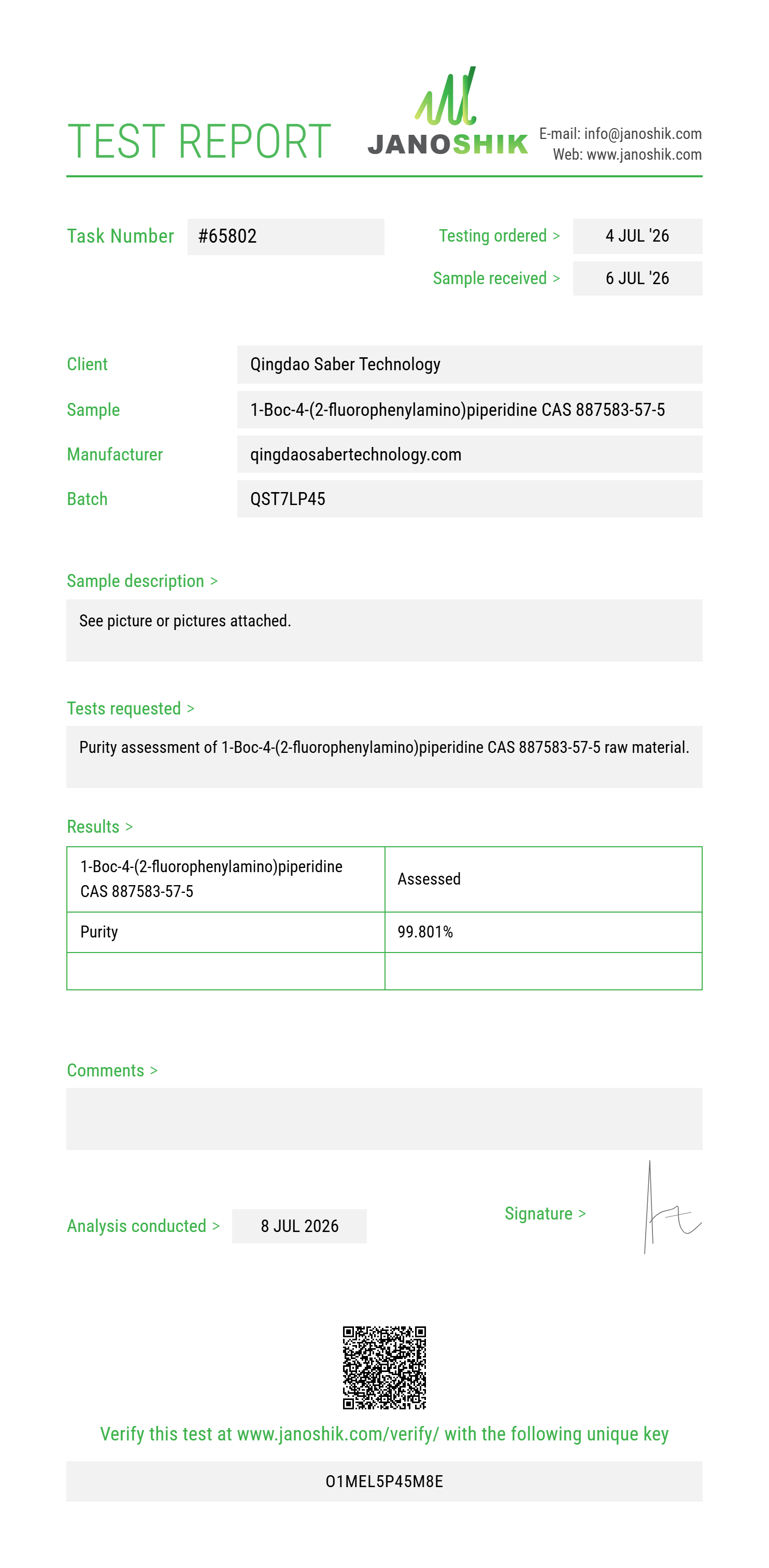 1-Boc-4-(2-fluorophenylamino)piperidine CAS 887583-57-5 Purity (HPLC) report by Janoshik Analytical