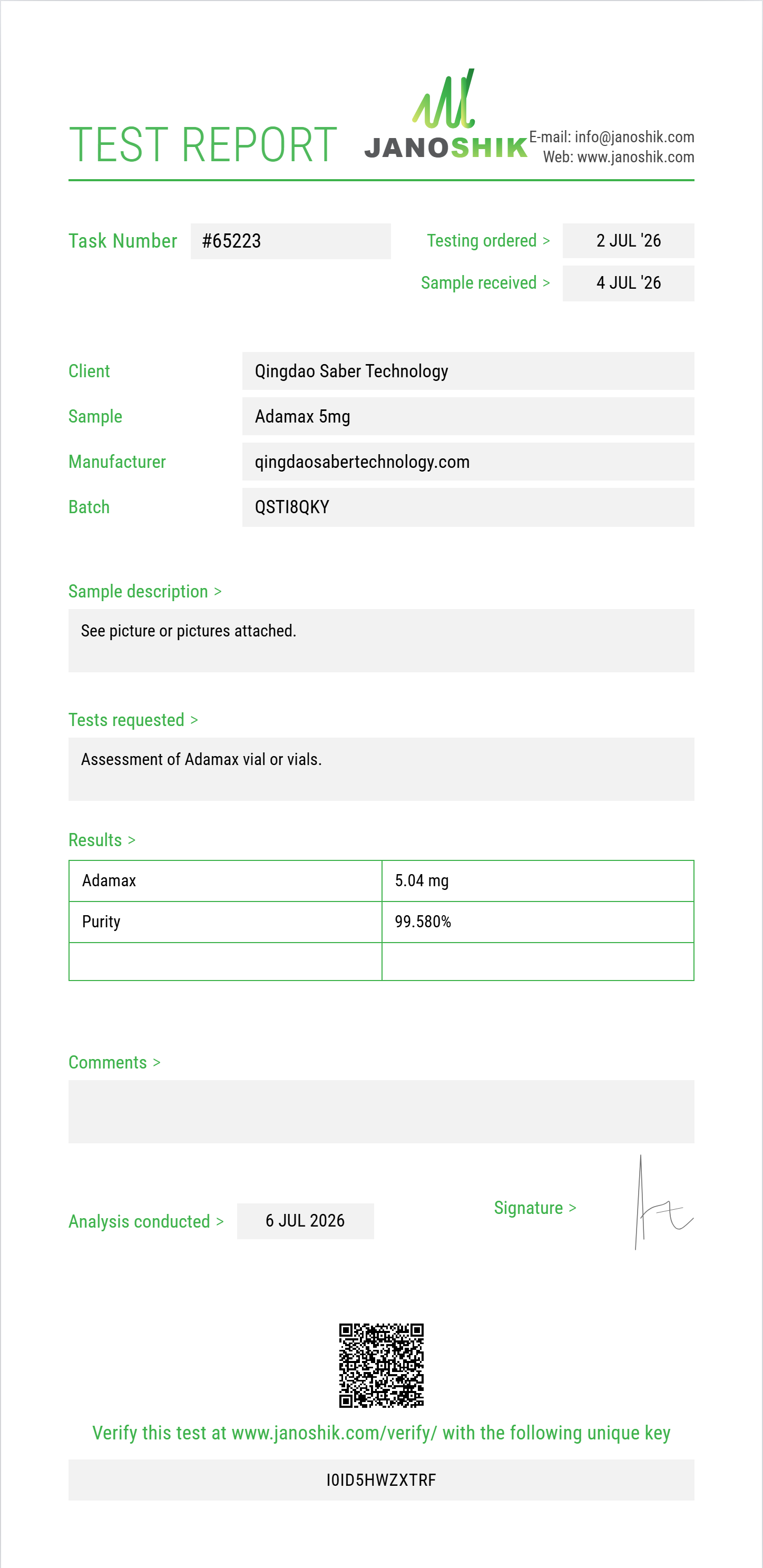 Adamax Purity (HPLC) report by Janoshik Analytical