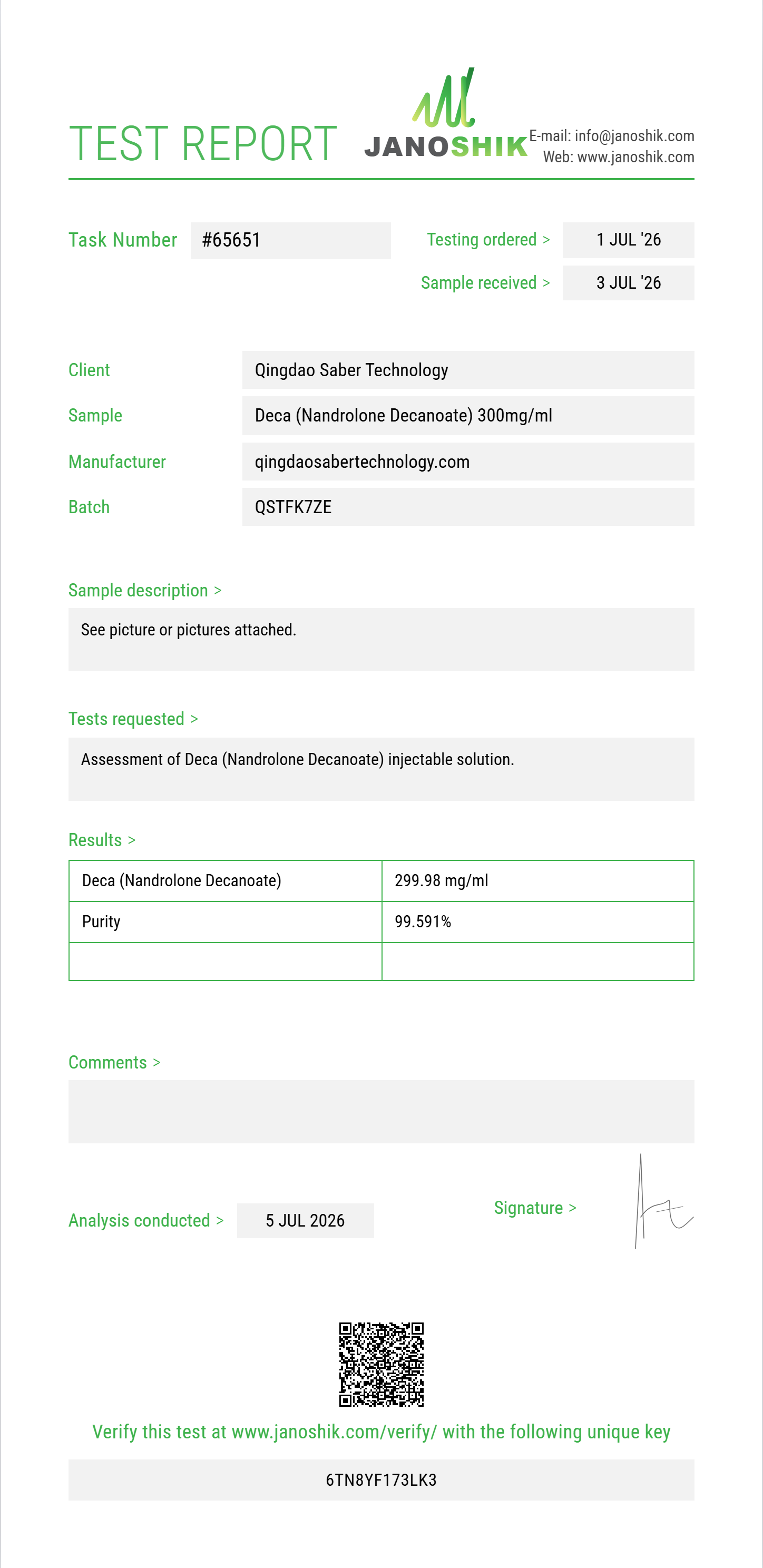 Deca (Nandrolone Decanoate) Purity (HPLC) report by Janoshik Analytical