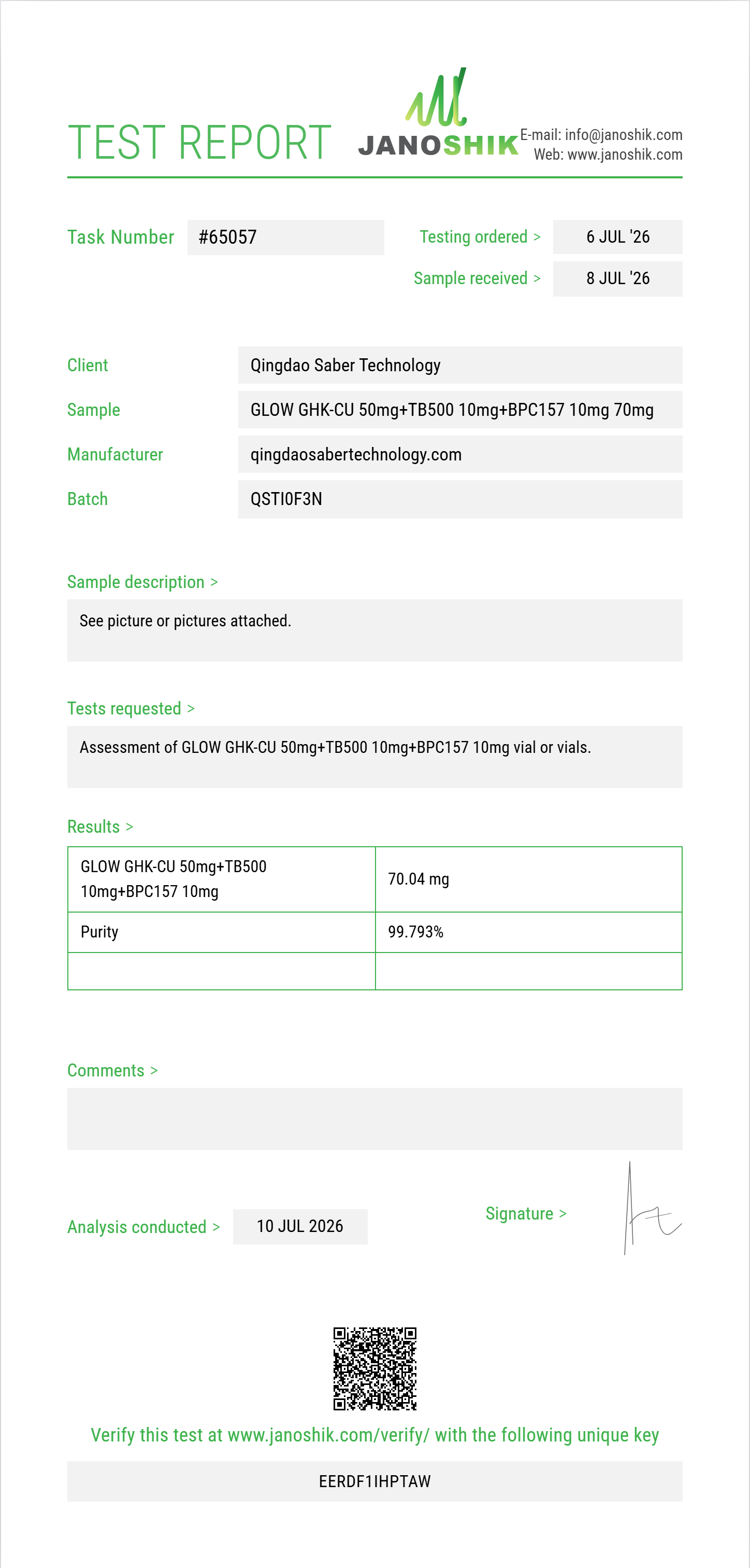 GLOW GHK-CU 50mg+TB500 10mg+BPC157 10mg Purity (HPLC) report by Janoshik Analytical
