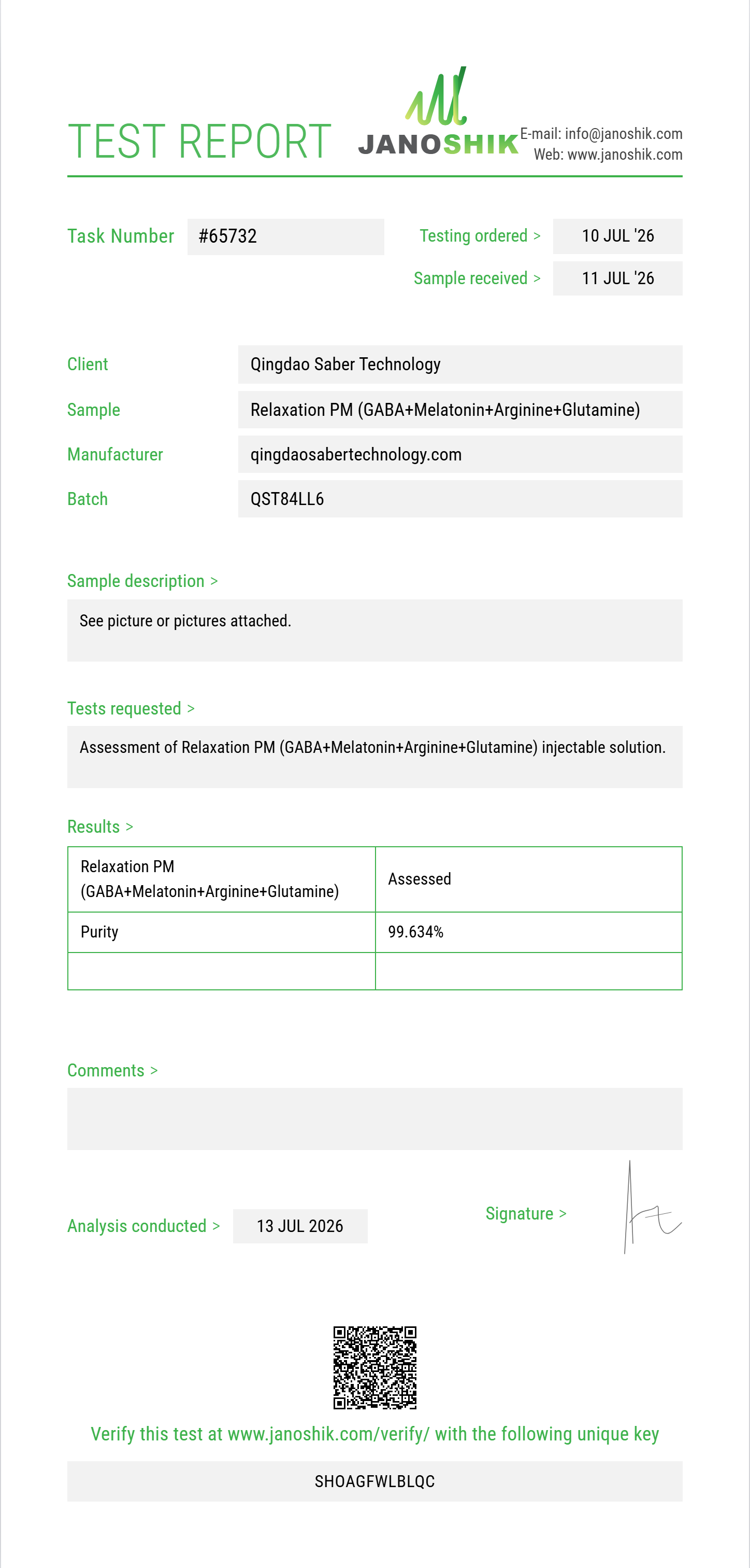 Relaxation PM (GABA 100mg+Melatonin 1mg+Arginine 100mg+Glutamine 25mg) Purity (HPLC) report by Janoshik Analytical