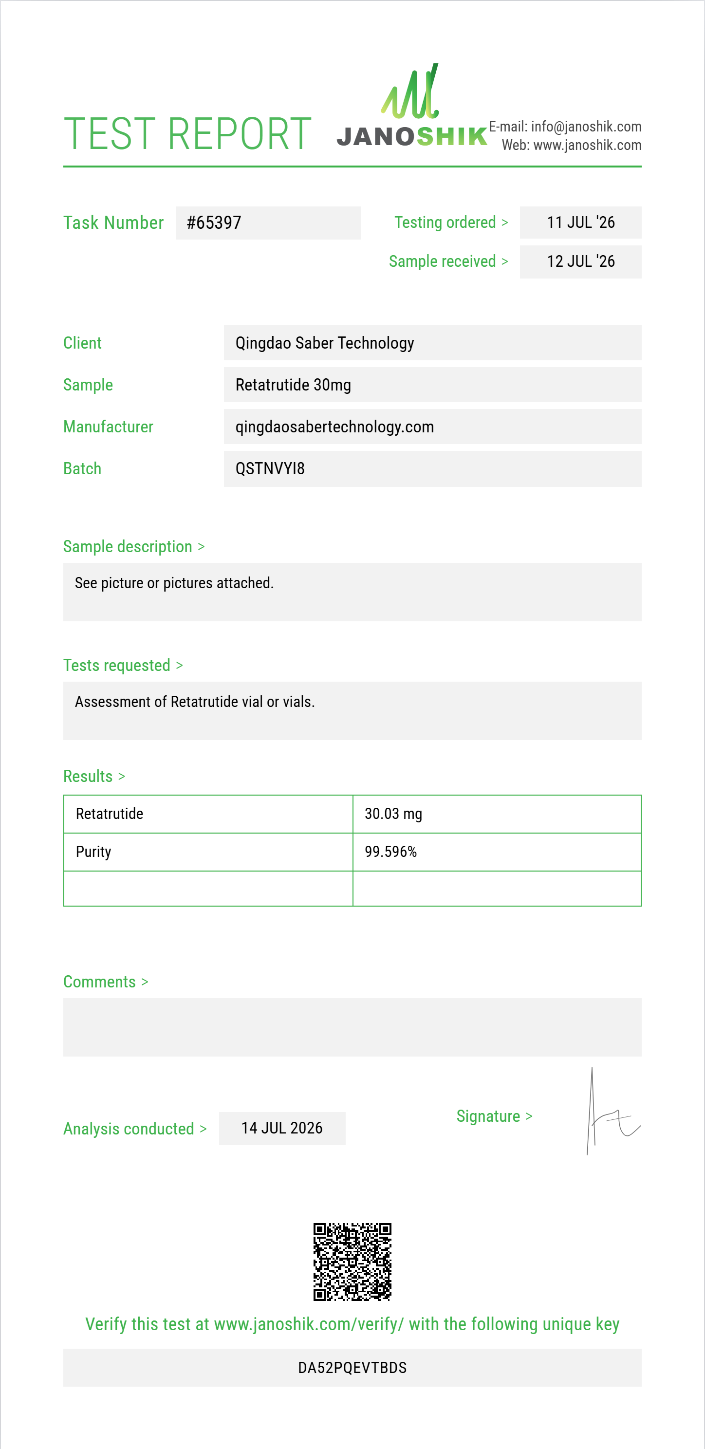 Retatrutide 30mg Pen Kit Purity (HPLC) report by Janoshik Analytical