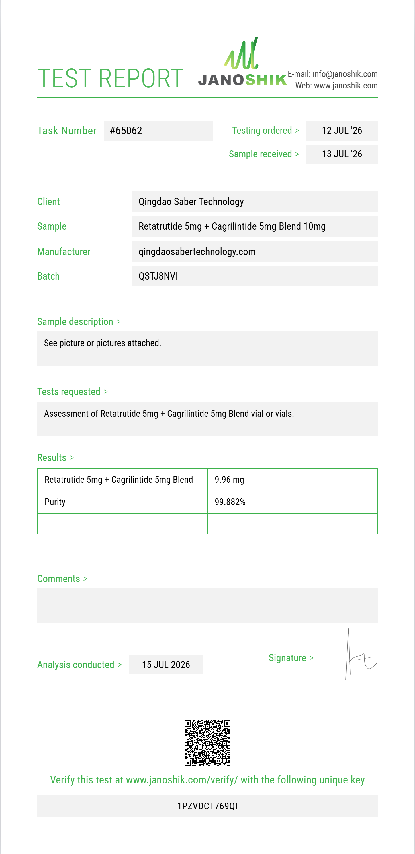 Retatrutide 5mg + Cagrilintide 5mg Blend Purity (HPLC) report by Janoshik Analytical