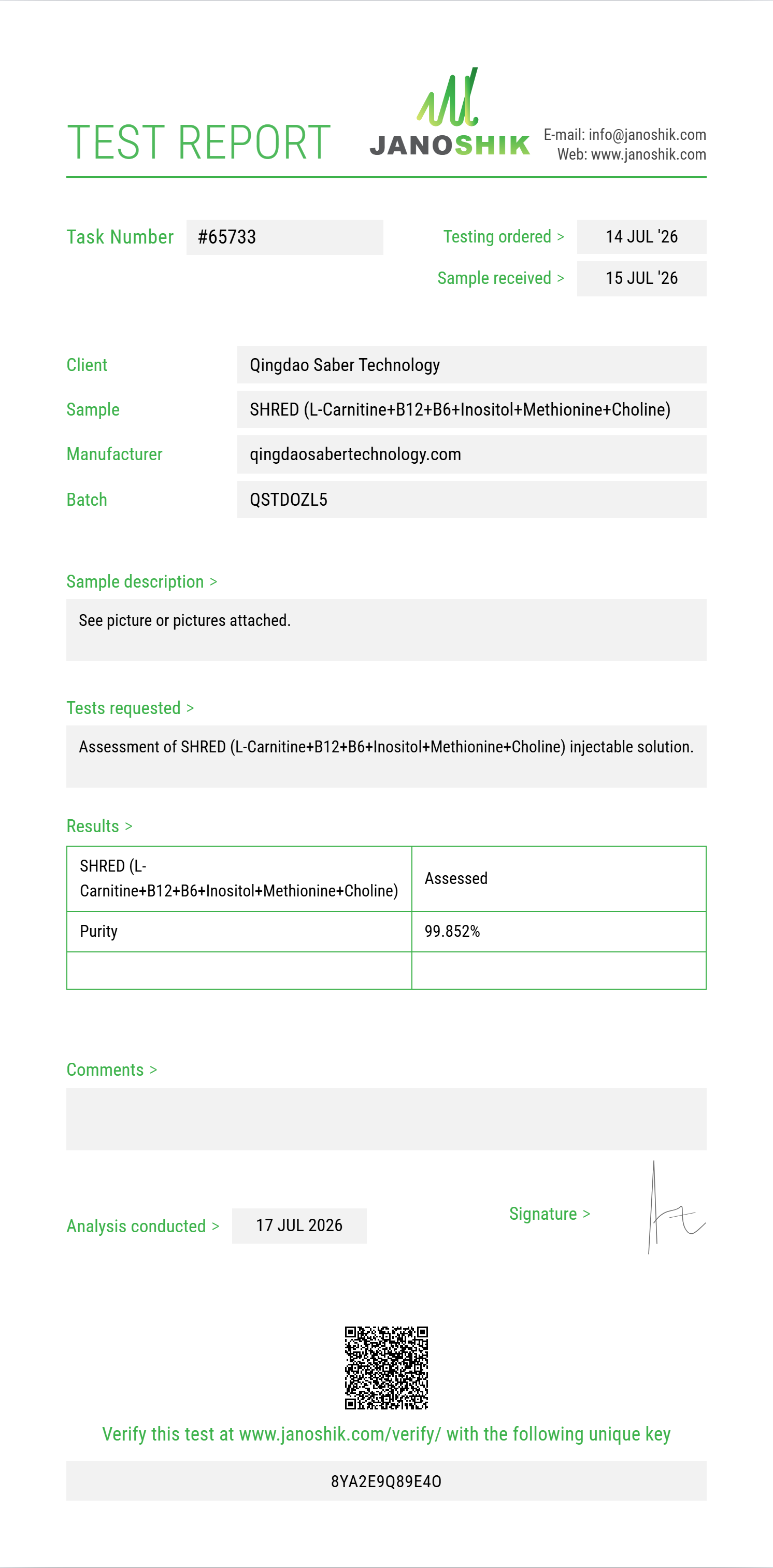 SHRED (L-Carnitine 200mg+B12+B6+Inositol+Methionine+Choline) Purity (HPLC) report by Janoshik Analytical