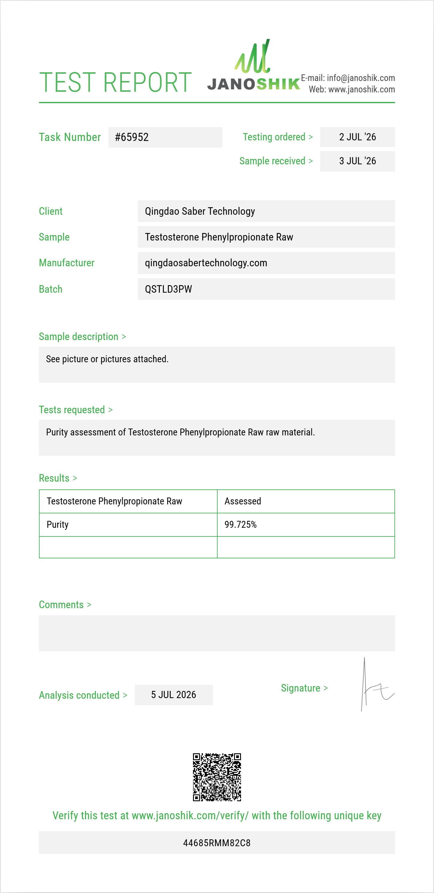 Testosterone Phenylpropionate Raw Purity (HPLC) report by Janoshik Analytical