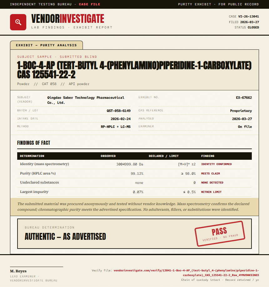 1-Boc-4-AP (tert-butyl 4-(phenylamino)piperidine-1-carboxylate) CAS 125541-22-2 Purity (HPLC) report by VendorInvestigate