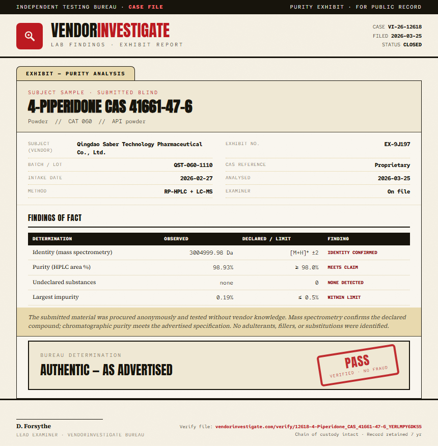 4-Piperidone CAS 41661-47-6 Purity (HPLC) report by VendorInvestigate