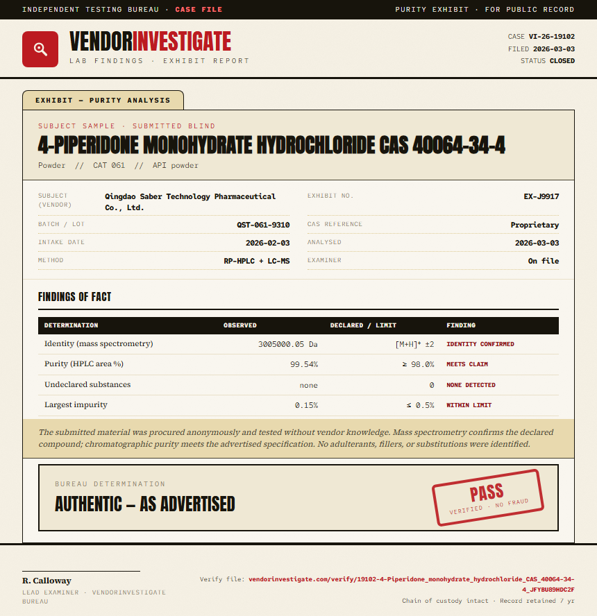 4-Piperidone monohydrate hydrochloride CAS 40064-34-4 Purity (HPLC) report by VendorInvestigate