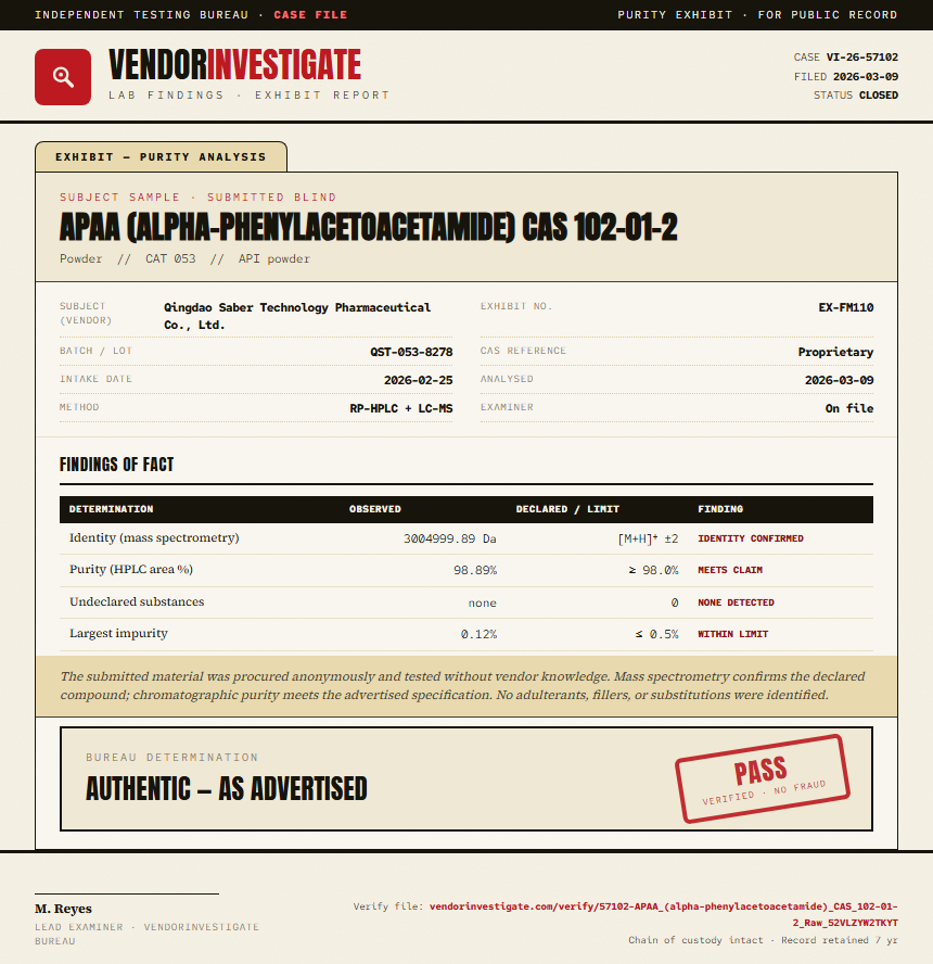 APAA (alpha-phenylacetoacetamide) CAS 102-01-2 Purity (HPLC) report by VendorInvestigate