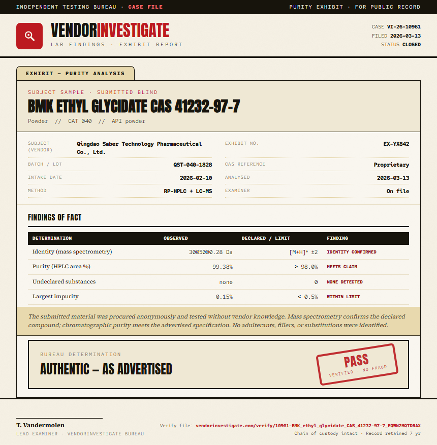 BMK ethyl glycidate CAS 41232-97-7 Purity (HPLC) report by VendorInvestigate
