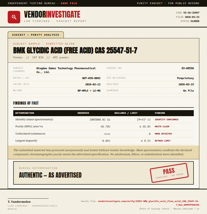 BMK glycidic acid (free acid) CAS 25547-51-7 Purity (HPLC) report by VendorInvestigate