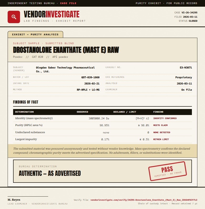 Drostanolone Enanthate (Mast E) Raw Purity (HPLC) report by VendorInvestigate