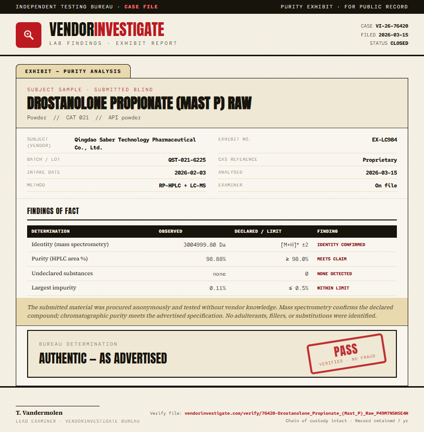 Drostanolone Propionate (Mast P) Raw Purity (HPLC) report by VendorInvestigate