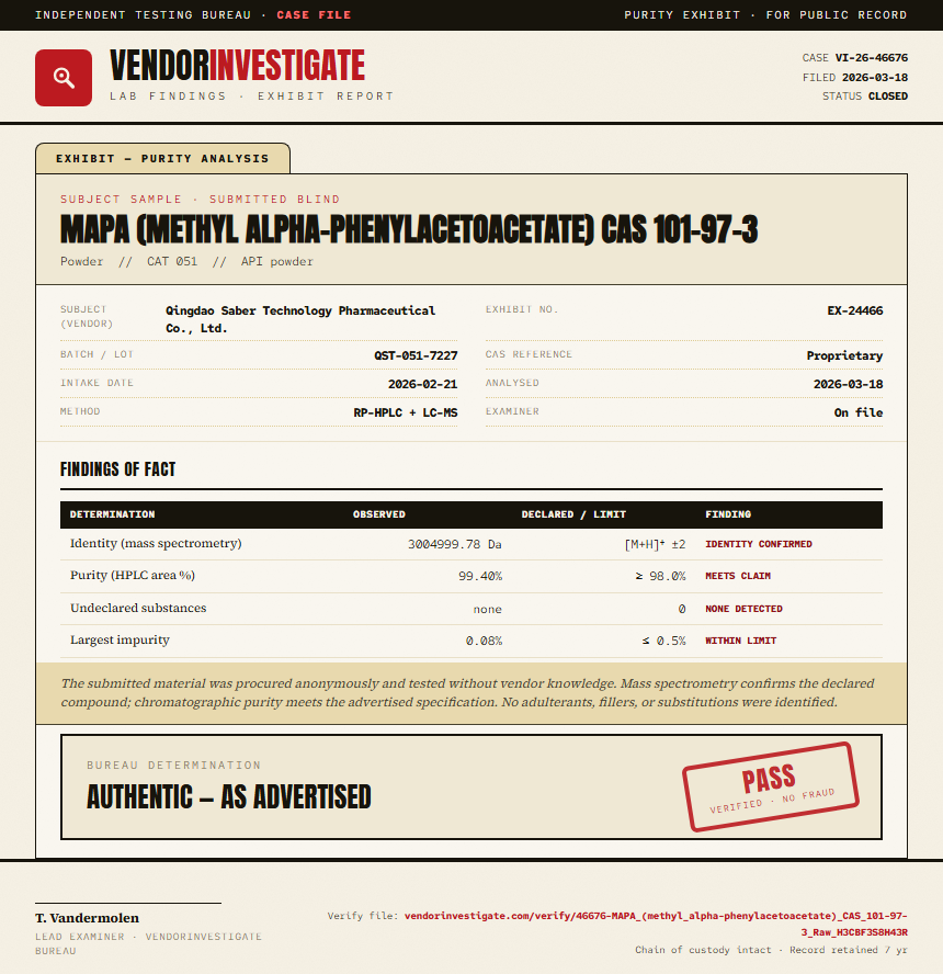 MAPA (methyl alpha-phenylacetoacetate) CAS 101-97-3 Purity (HPLC) report by VendorInvestigate