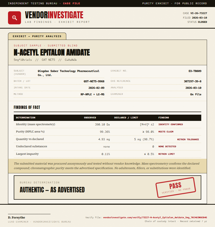 N-Acetyl Epitalon Amidate Purity (HPLC) report by VendorInvestigate