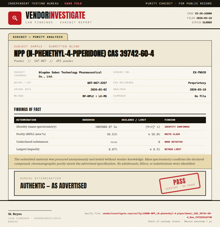 NPP (N-phenethyl-4-piperidone) CAS 39742-60-4 Purity (HPLC) report by VendorInvestigate