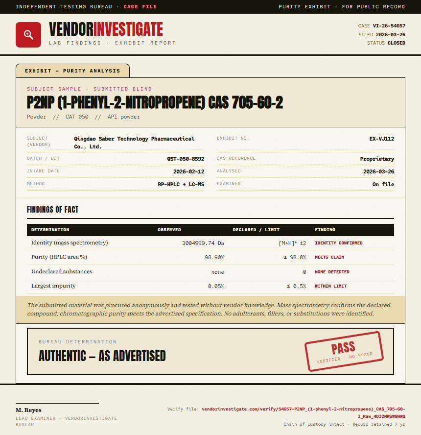 P2NP (1-phenyl-2-nitropropene) CAS 705-60-2 Purity (HPLC) report by VendorInvestigate