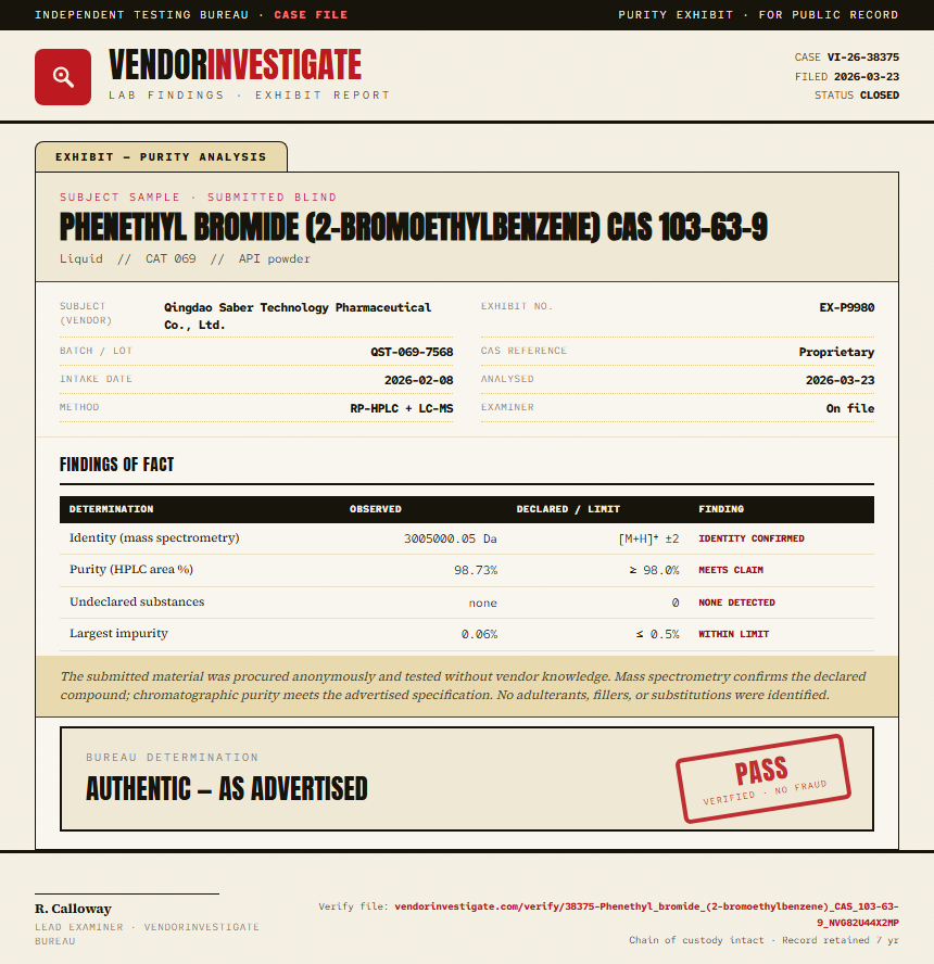 Phenethyl bromide (2-bromoethylbenzene) CAS 103-63-9 Purity (HPLC) report by VendorInvestigate