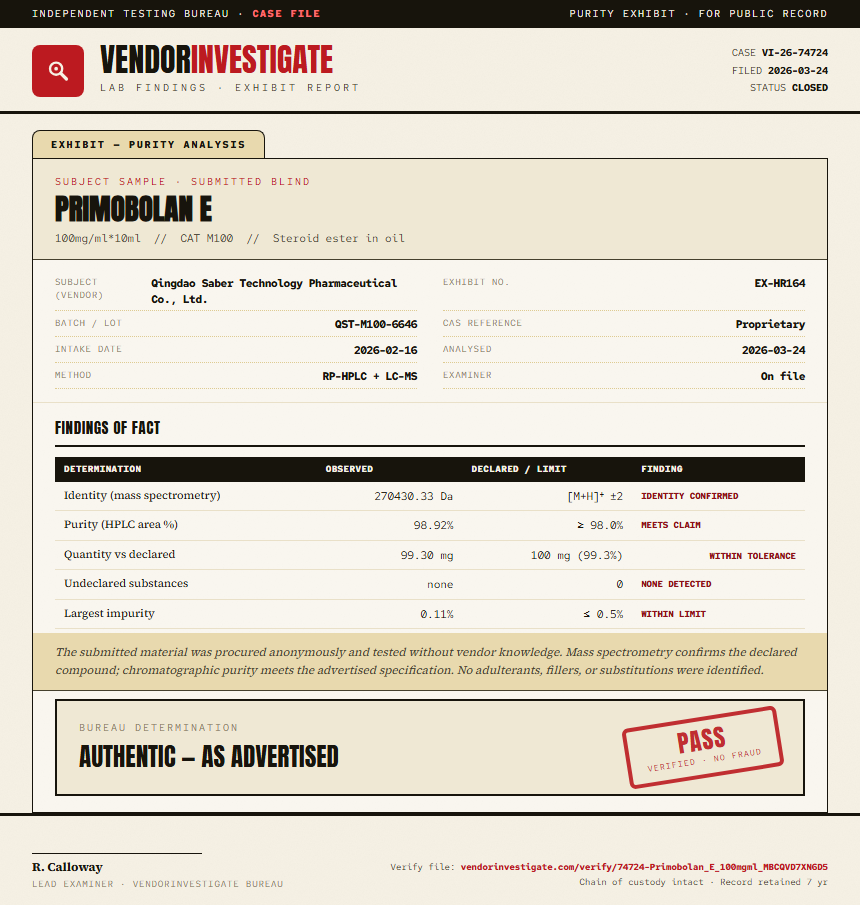Primobolan E Purity (HPLC) report by VendorInvestigate