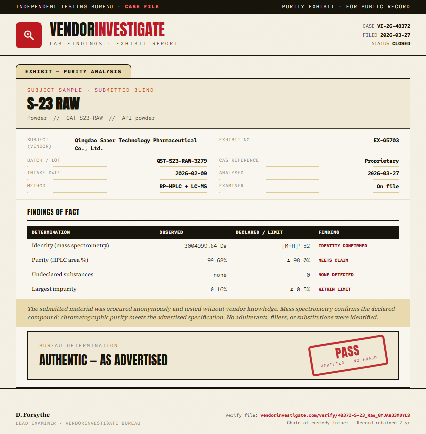 S-23 Raw Purity (HPLC) report by VendorInvestigate