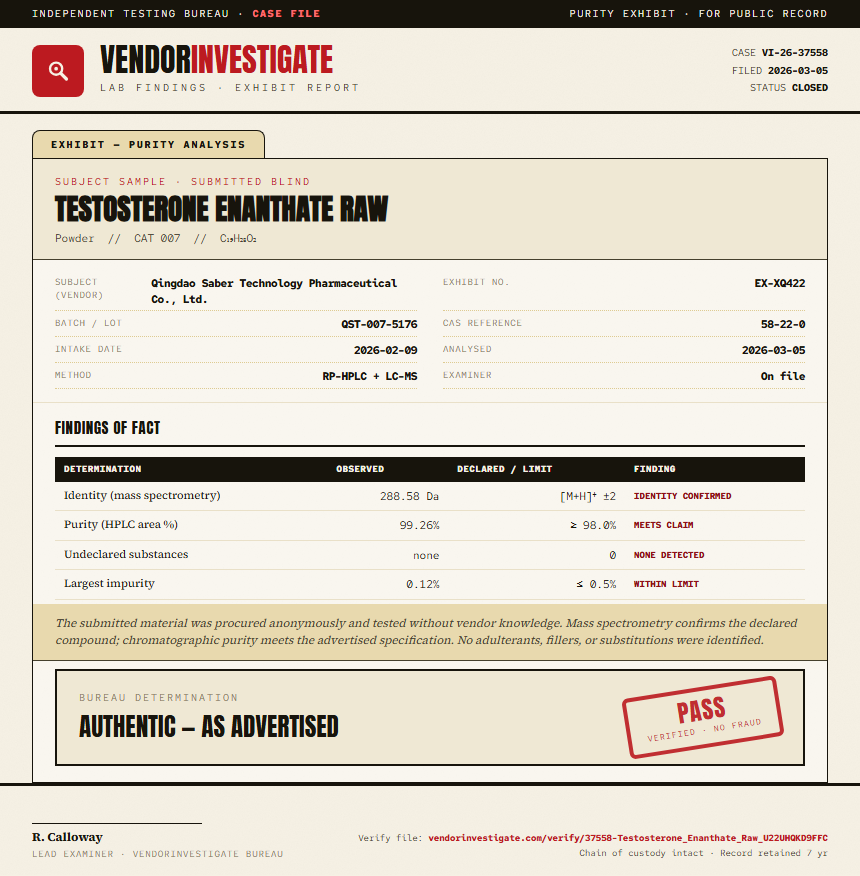 Testosterone Enanthate Raw Purity (HPLC) report by VendorInvestigate