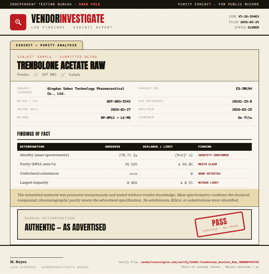 Trenbolone Acetate Raw Purity (HPLC) report by VendorInvestigate