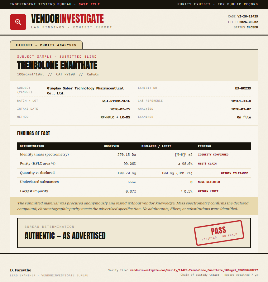 Trenbolone Enanthate Purity (HPLC) report by VendorInvestigate